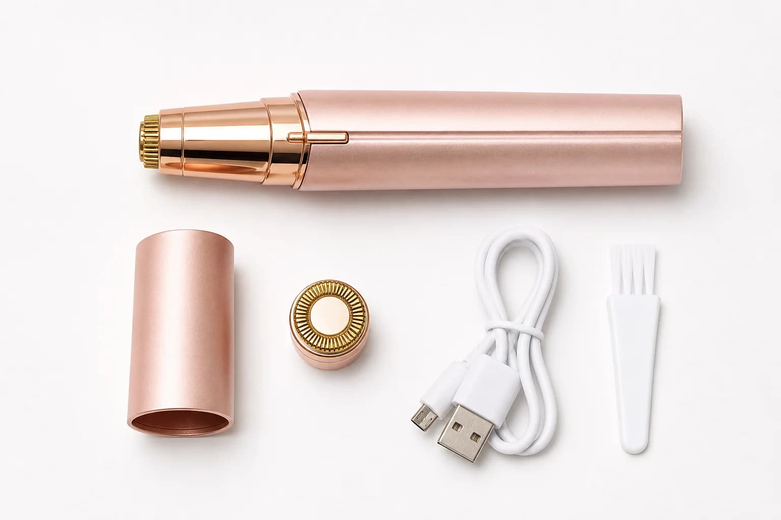 Velora Pro trimmer with cap, spare head, USB cable and cleaning brush