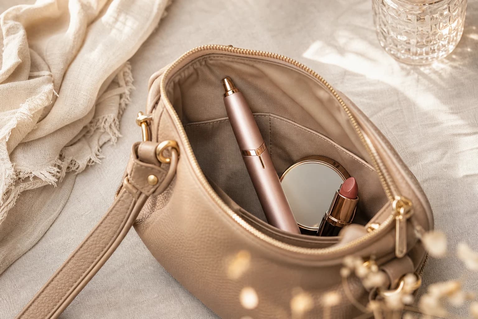 The trimmer tucked into a handbag alongside a compact mirror