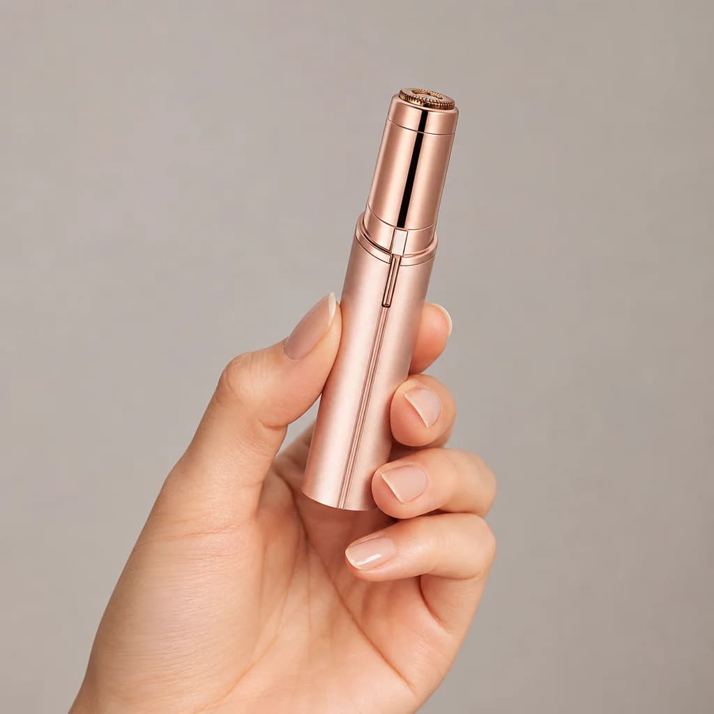 The trimmer held in one hand, showing its lipstick size